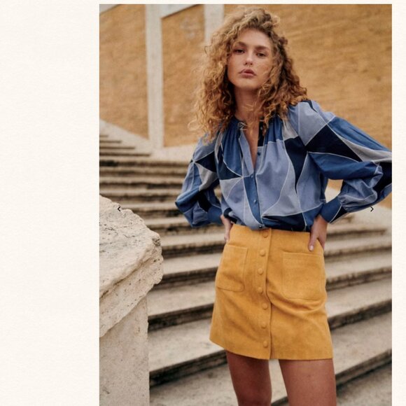 NWT Sezane Blue Geometric Patchwork Button Down Lealys Shirt 100% Cotton - Picture 4 of 12